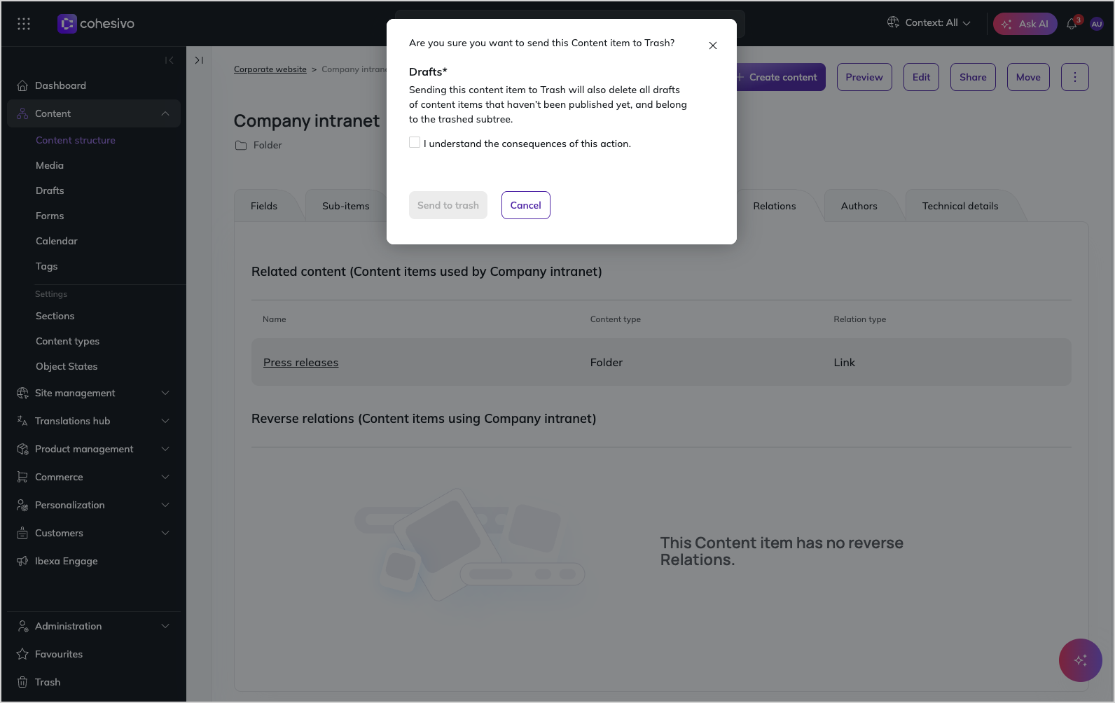 Delete confirmation dialog box